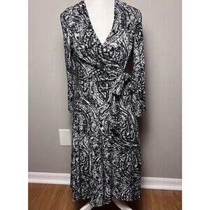 Lauren Ralph Lauren Dress Women's 8 Black White Floral 3/4 Sleeve Wrap V Neck